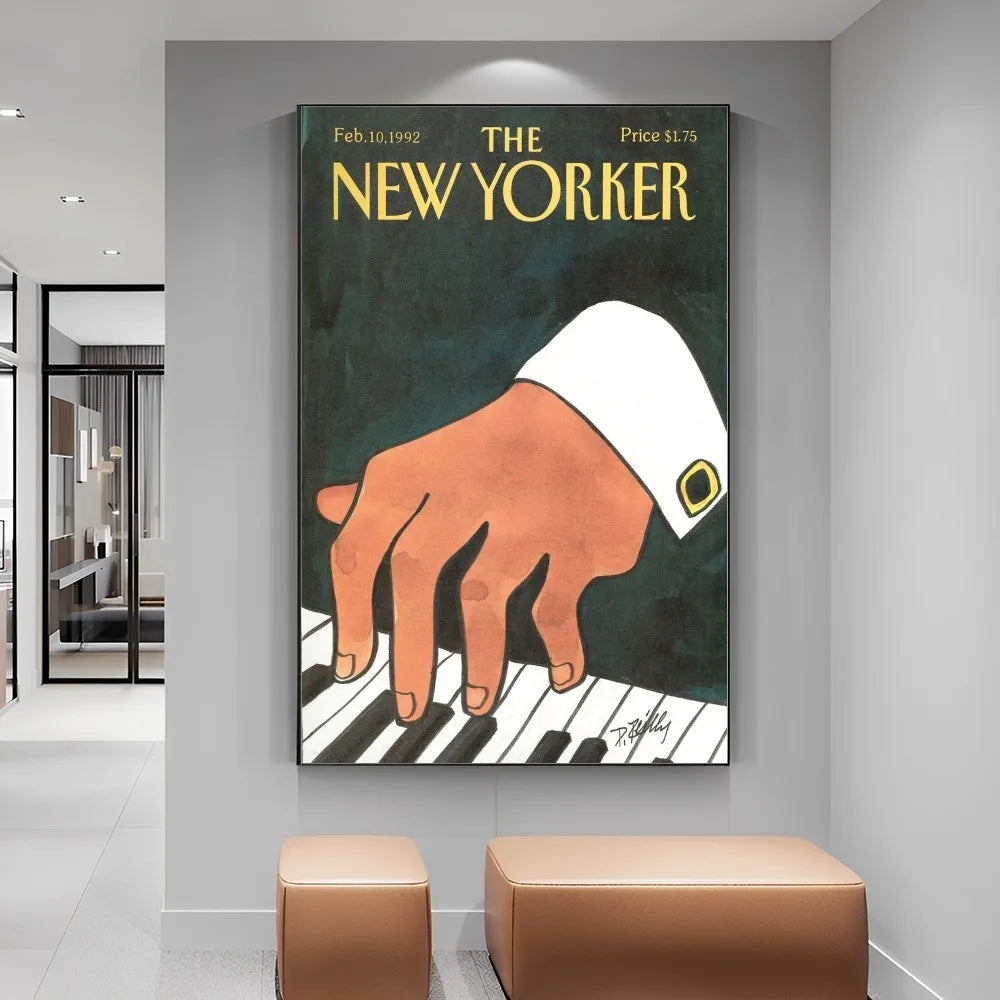 Framed New Yorker magazine cover with a hand on piano keys in a modern interior setting.
