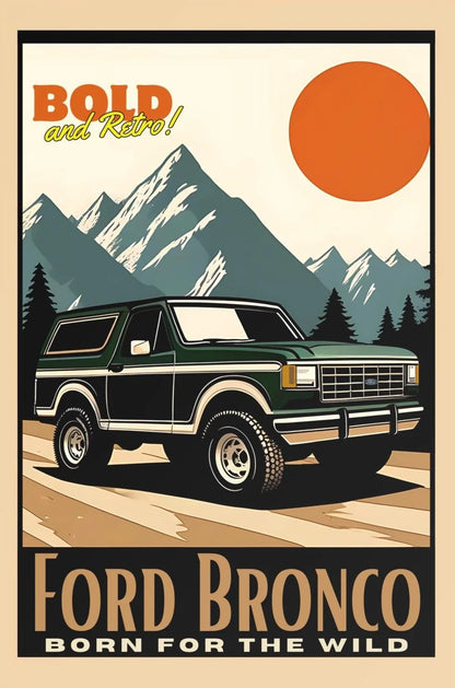 Vintage-style Ford Bronco advertisement with mountains and sun in the background