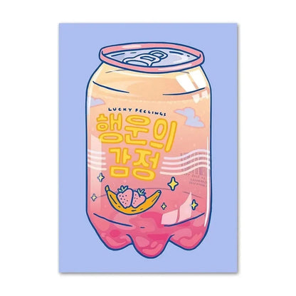 Illustration of a pink drink can with Korean text on a light blue background