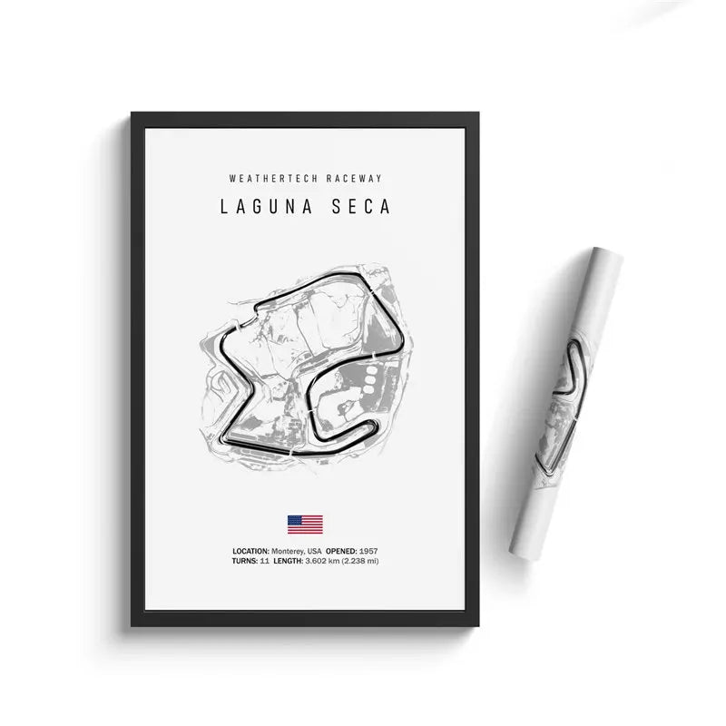 Framed poster of WeatherTech Raceway Laguna Seca with a pen on a white background