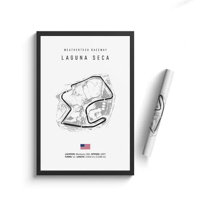 Framed poster of WeatherTech Raceway Laguna Seca with a pen on a white background