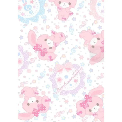 Pattern of pink cartoon characters with bows on a white background