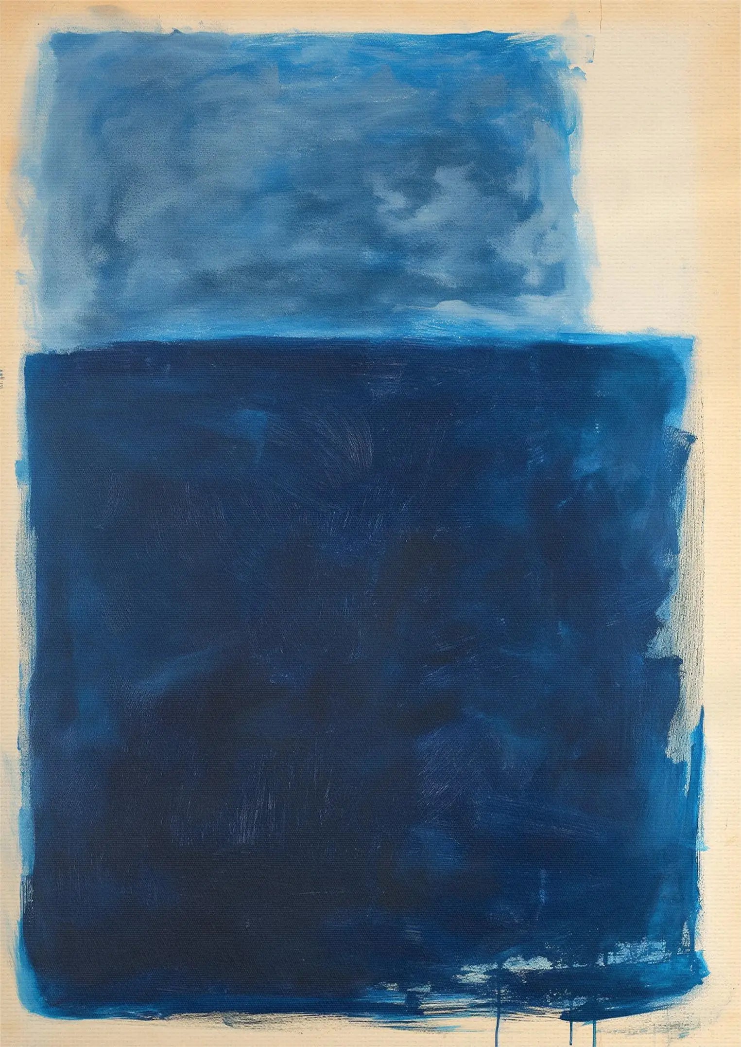 Abstract painting with two distinct blue color blocks on a beige background