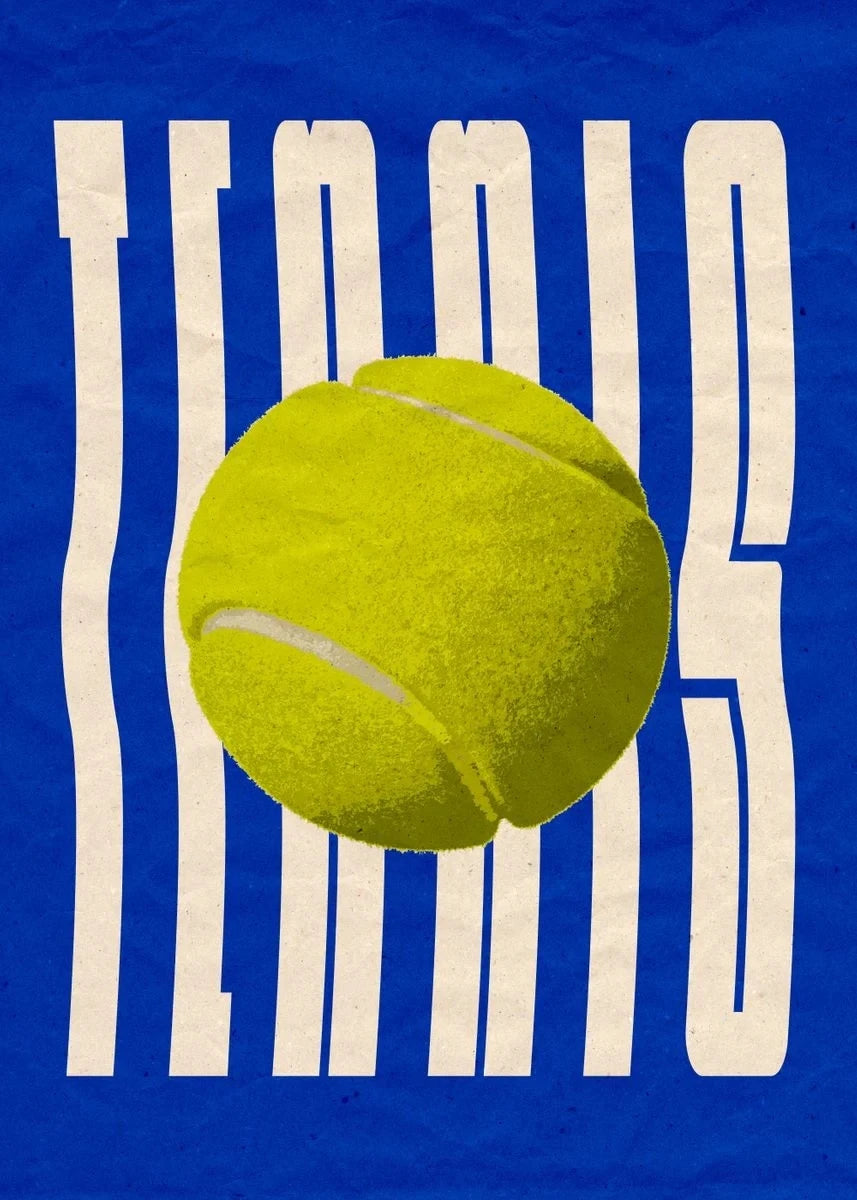 Yellow tennis ball on a blue background with 'Tennis' text.