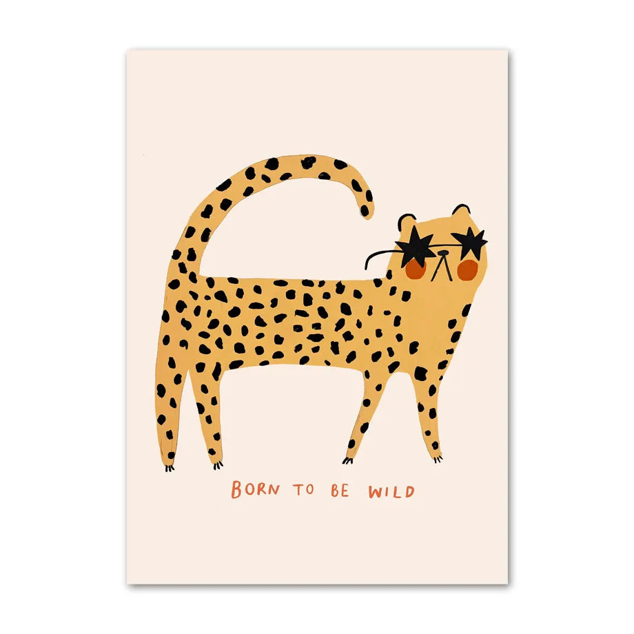Cartoon cheetah with sunglasses and 'Born to be Wild' text on a beige background