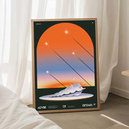 Framed poster with a futuristic design of a planet and sun on a white curtain background