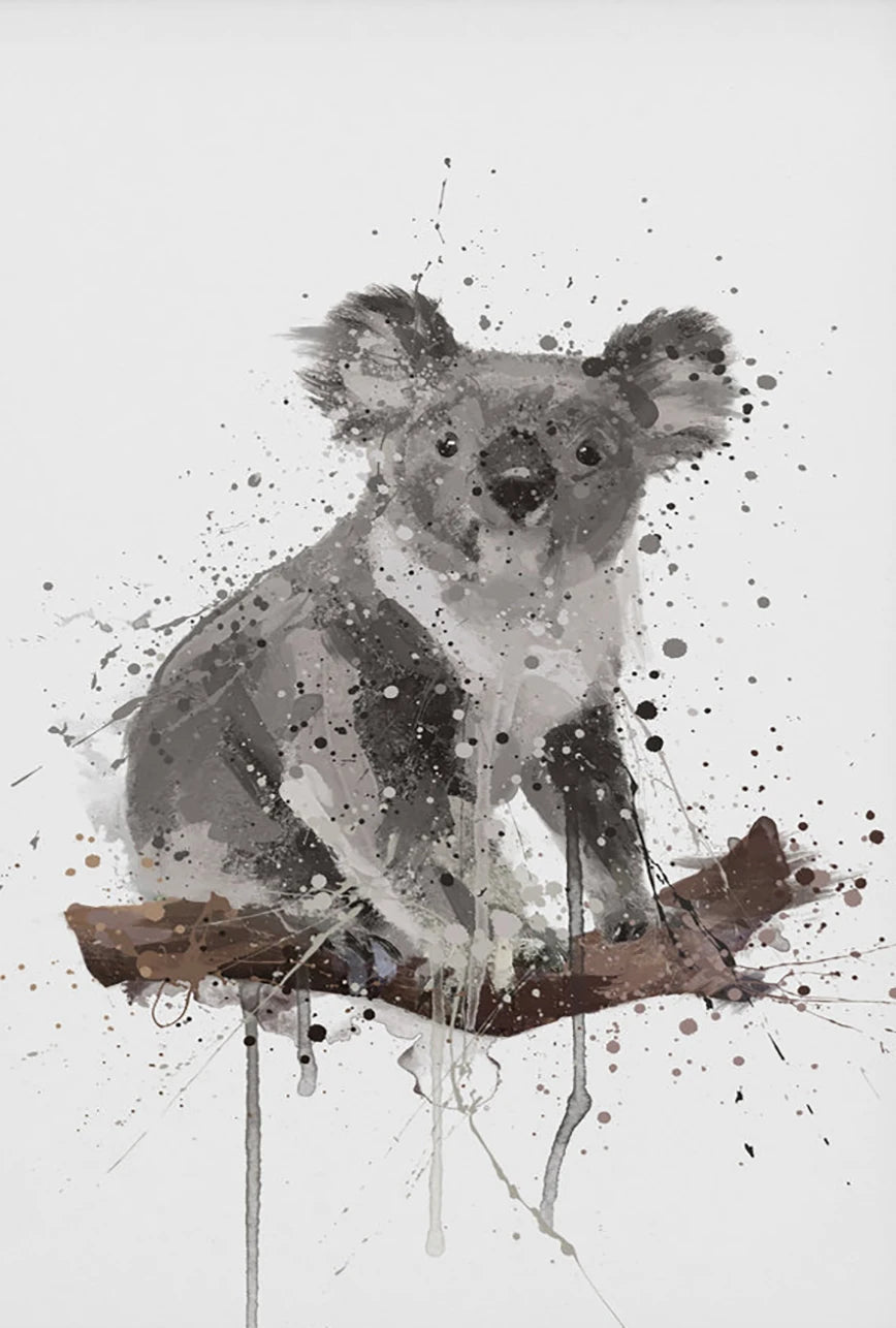 Artistic depiction of a koala on a branch with abstract paint splashes on a light gray background