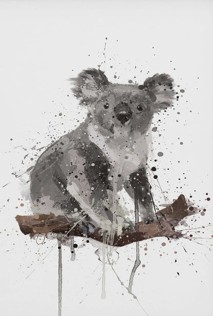 Artistic depiction of a koala on a branch with abstract paint splashes on a light gray background