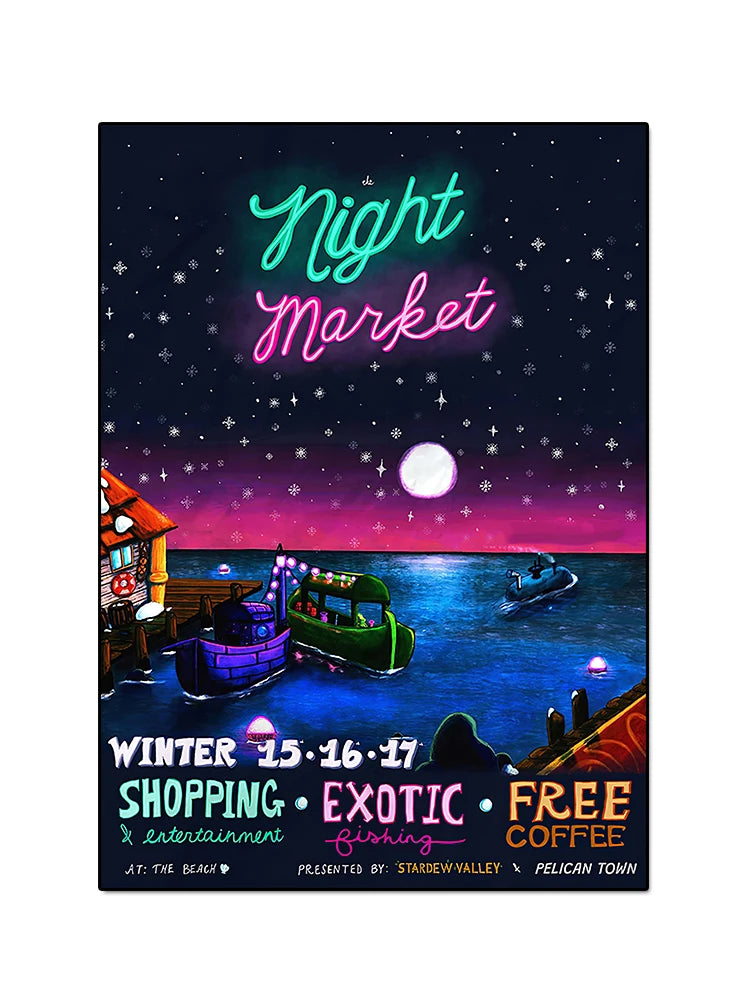Promotional poster for a night market event with boats and a night sky.