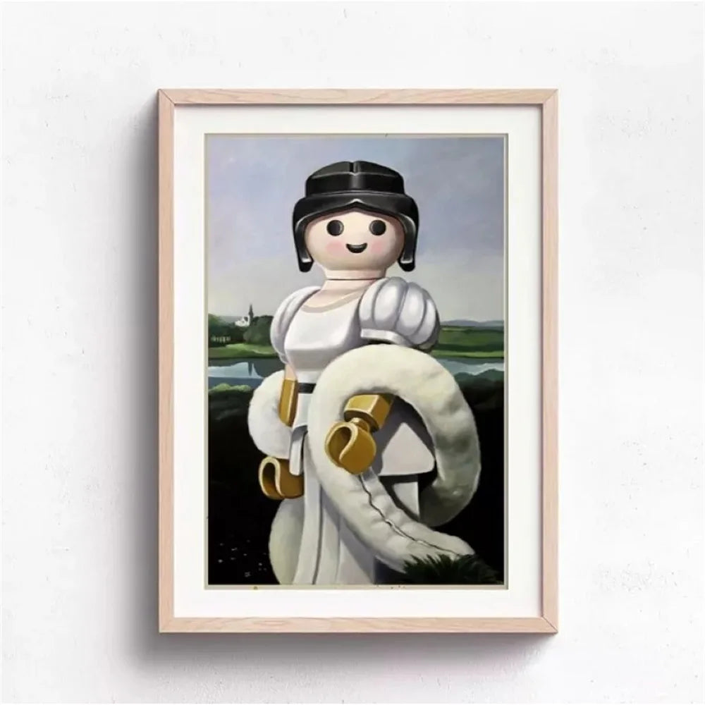 Framed artwork of a stylized figure with a helmet and armor on a landscape background