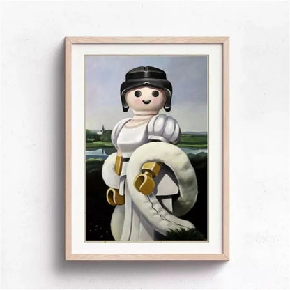 Framed artwork of a stylized figure with a helmet and armor on a landscape background