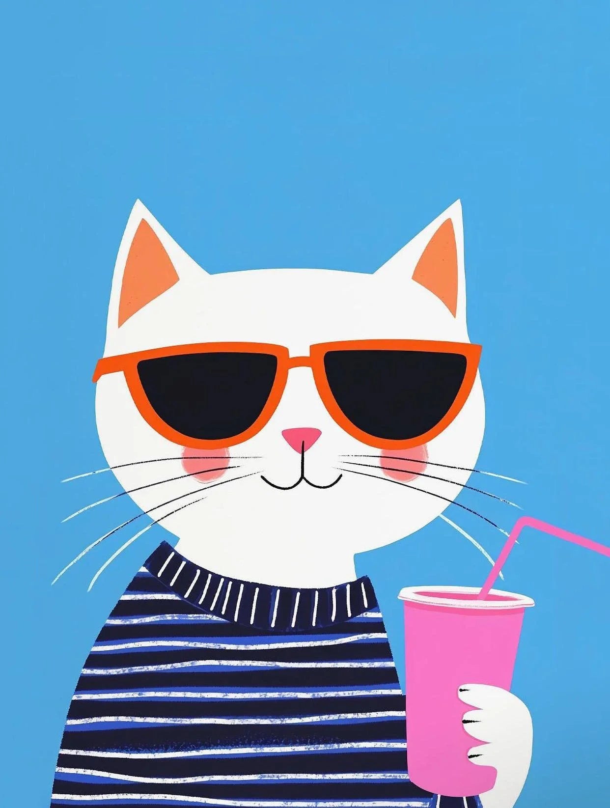 Cartoon cat wearing sunglasses and holding a pink drink against a blue background
