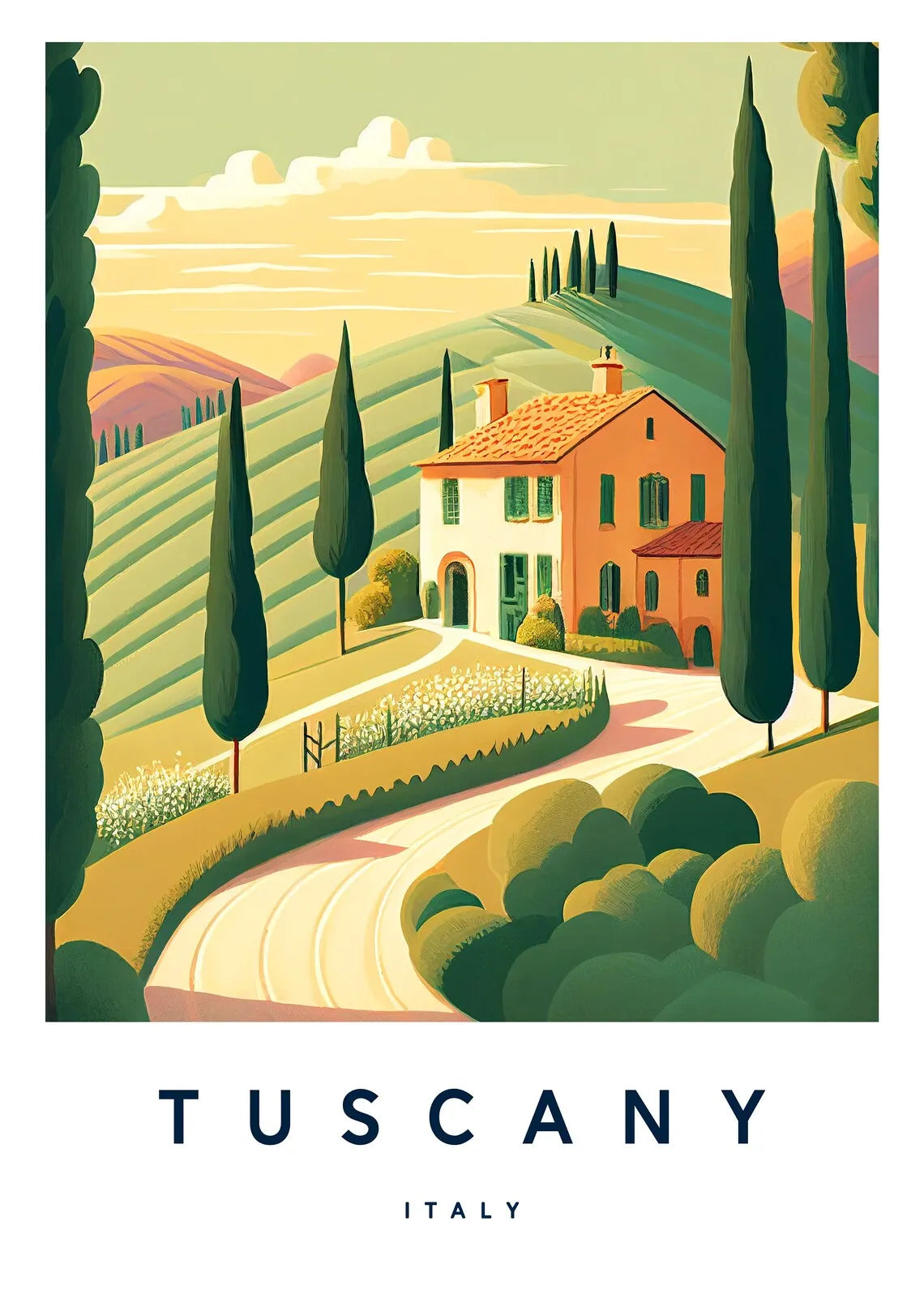 Illustration of a Tuscan landscape with a house and cypress trees, labeled 'Tuscany Italy'.