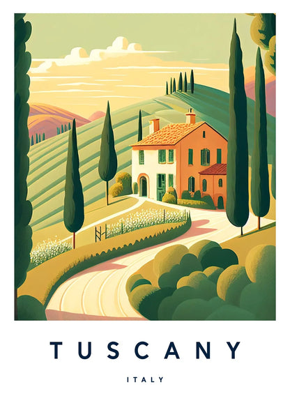 Illustration of a Tuscan landscape with a house and cypress trees, labeled 'Tuscany Italy'.