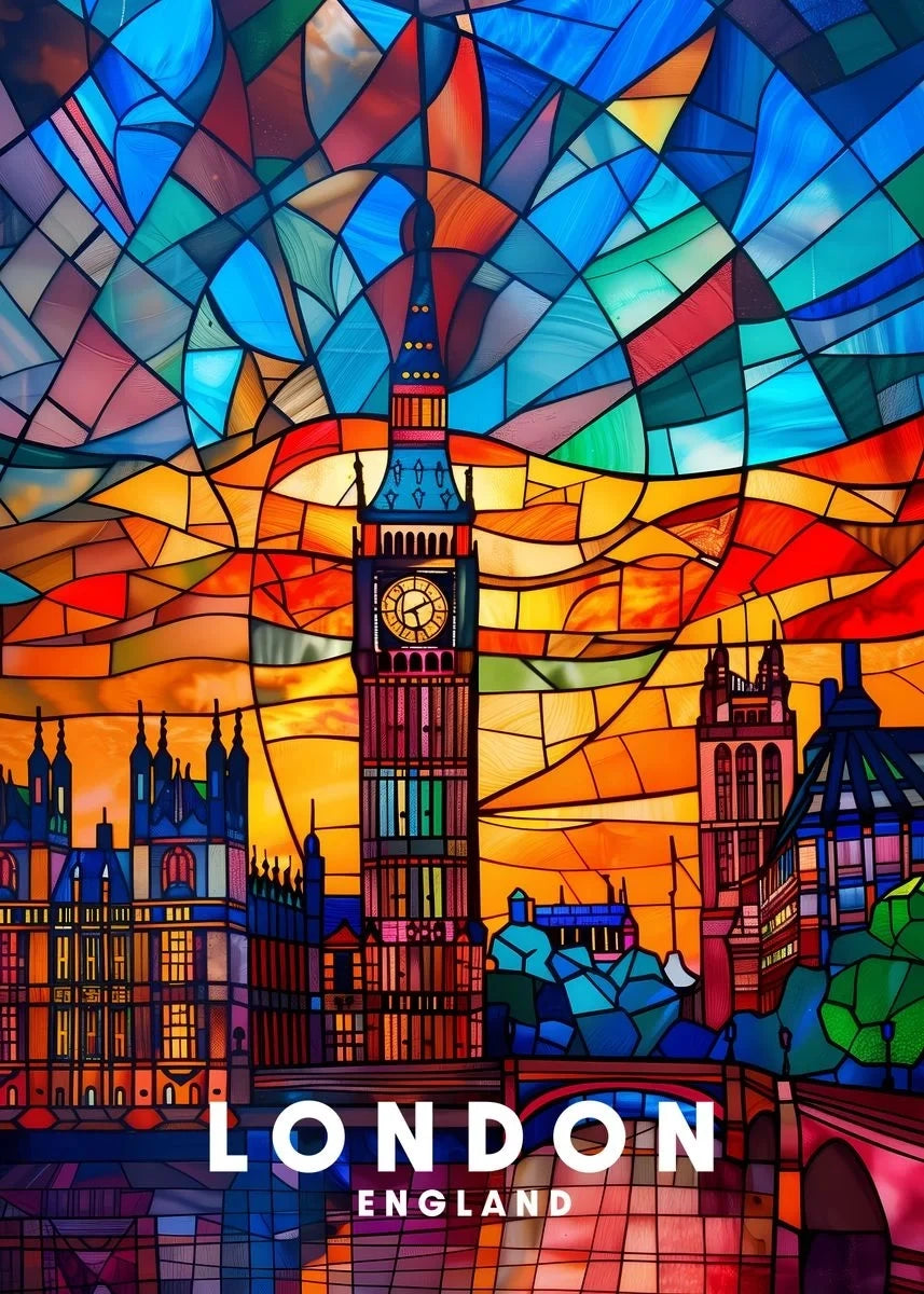 Colorful stained glass artwork of London with Big Ben, featuring the word 'London' at the bottom.
