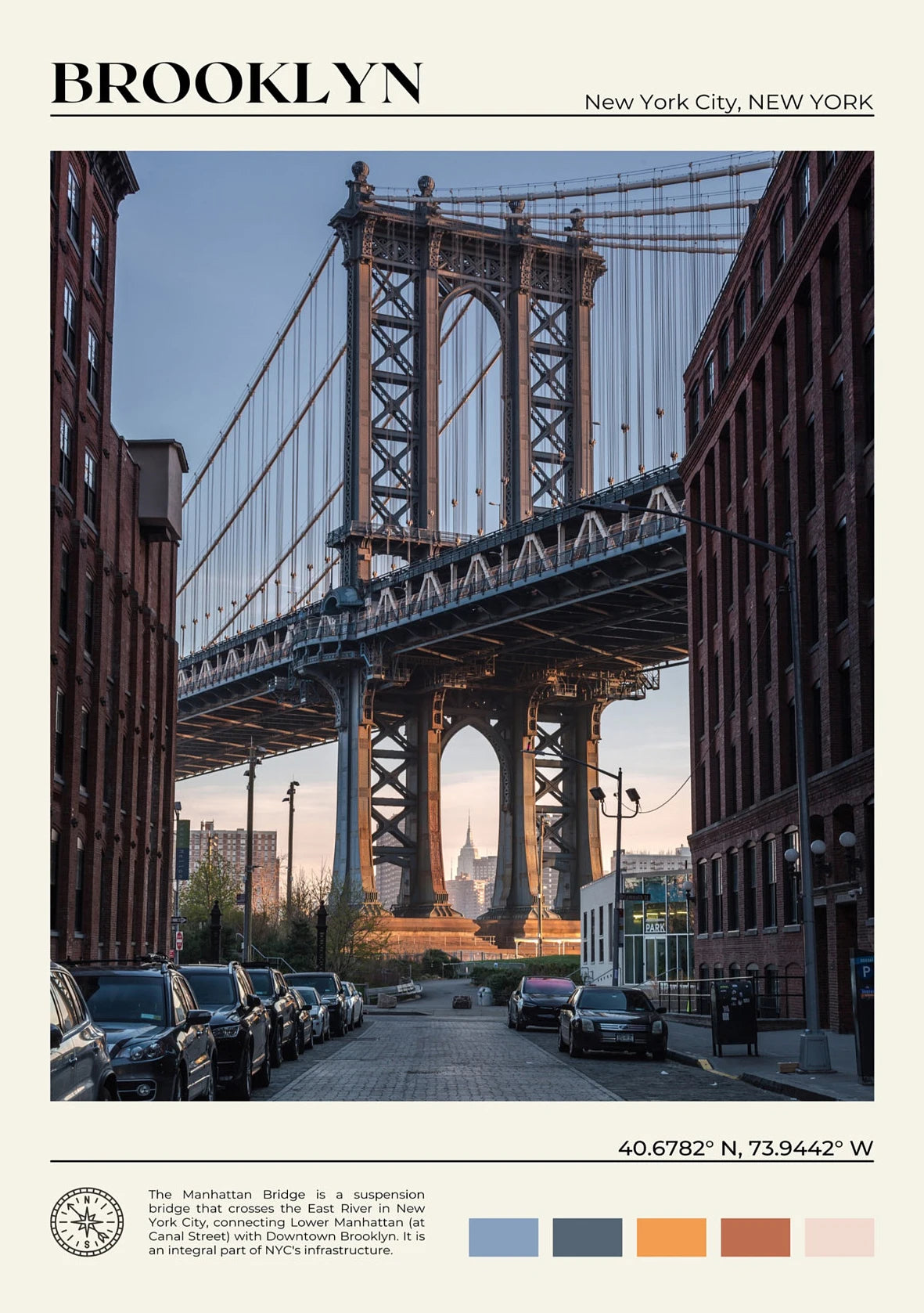 Manhattan Bridge in Brooklyn, New York City with street and cars in the foreground.