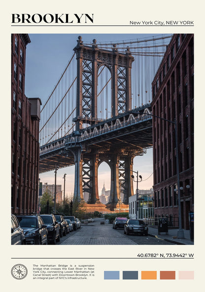 Manhattan Bridge in Brooklyn, New York City with street and cars in the foreground.