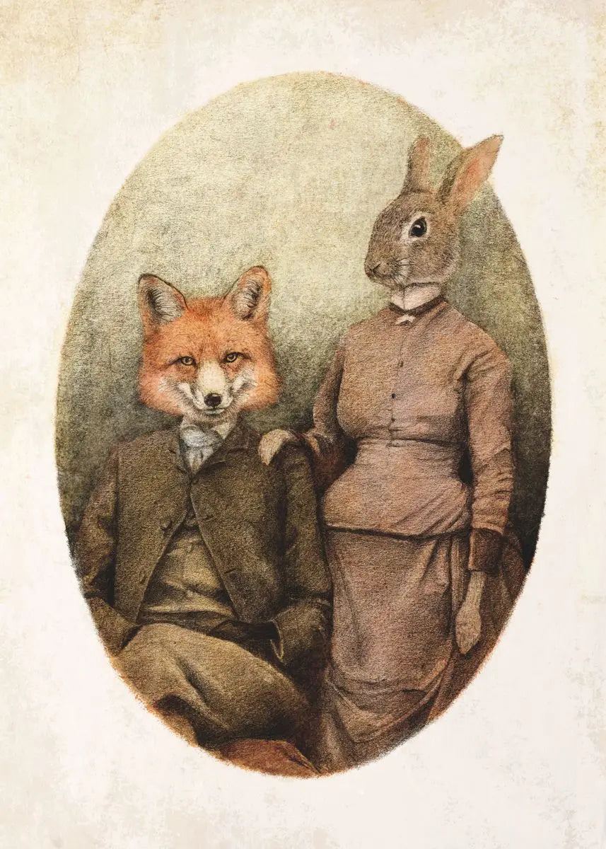 Illustration of a fox and a rabbit in formal attire with a beige background