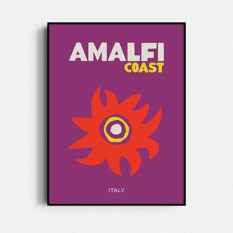 Poster with 'Amalfi Coast, Italy' text and a red flower-like design on a purple background.