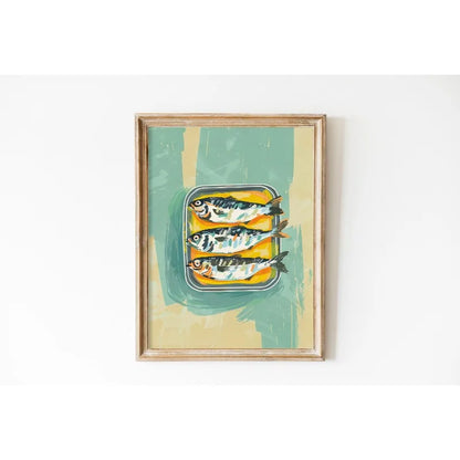 Framed artwork of fish on a green background