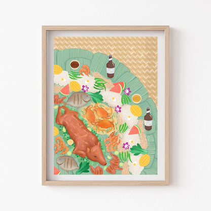 Framed artwork of a colorful illustration on a textured background