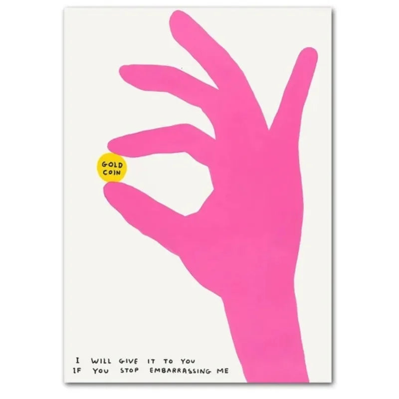 Pink hand holding a gold coin with text on a white background