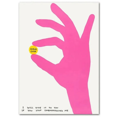 Pink hand holding a gold coin with text on a white background