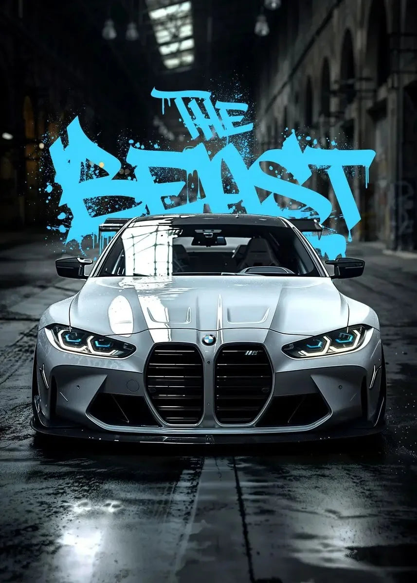 Modern car with 'The Beast' graffiti in an urban setting