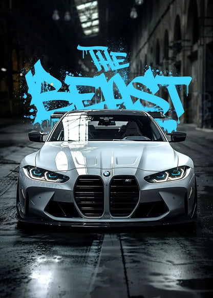 Modern car with 'The Beast' graffiti in an urban setting