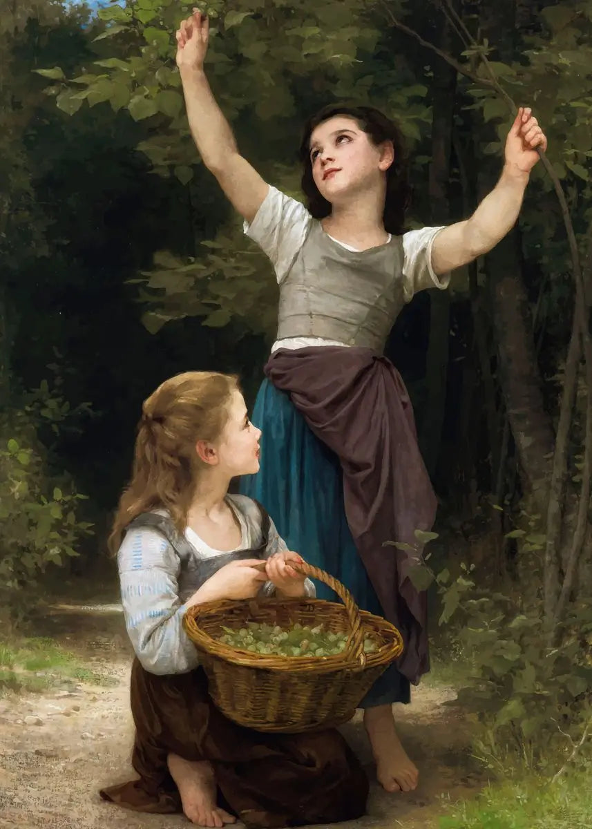 Two young girls in a forest setting with one holding a basket of fruit.