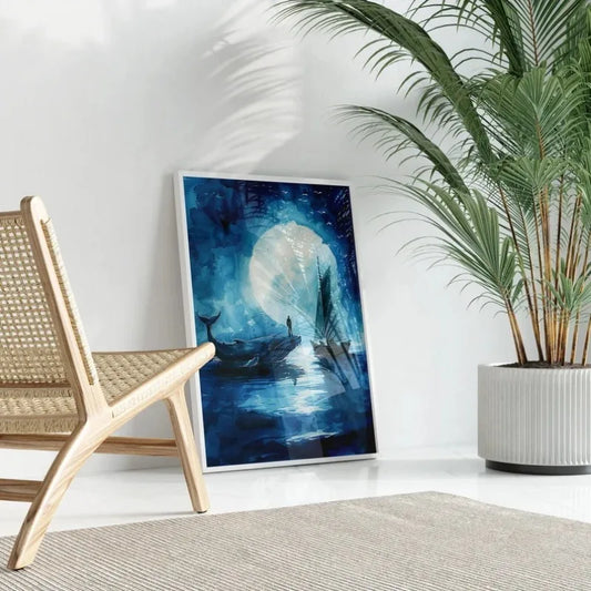 Framed artwork of a boat under a moonlit sky in a room with a chair and plant. Canvas & Curio