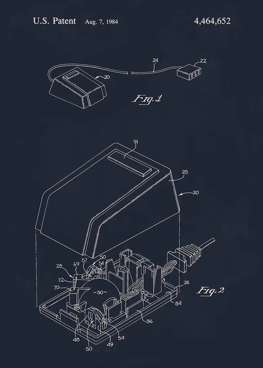 Technical drawing of a device with labeled components on a dark background