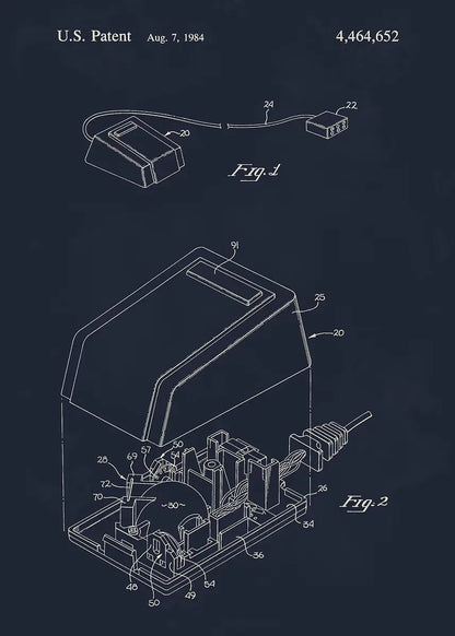 Technical drawing of a device with labeled components on a dark background