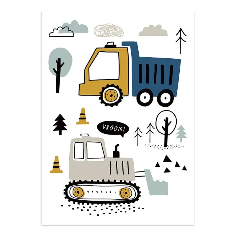 Illustrations of construction vehicles and trees on a white background