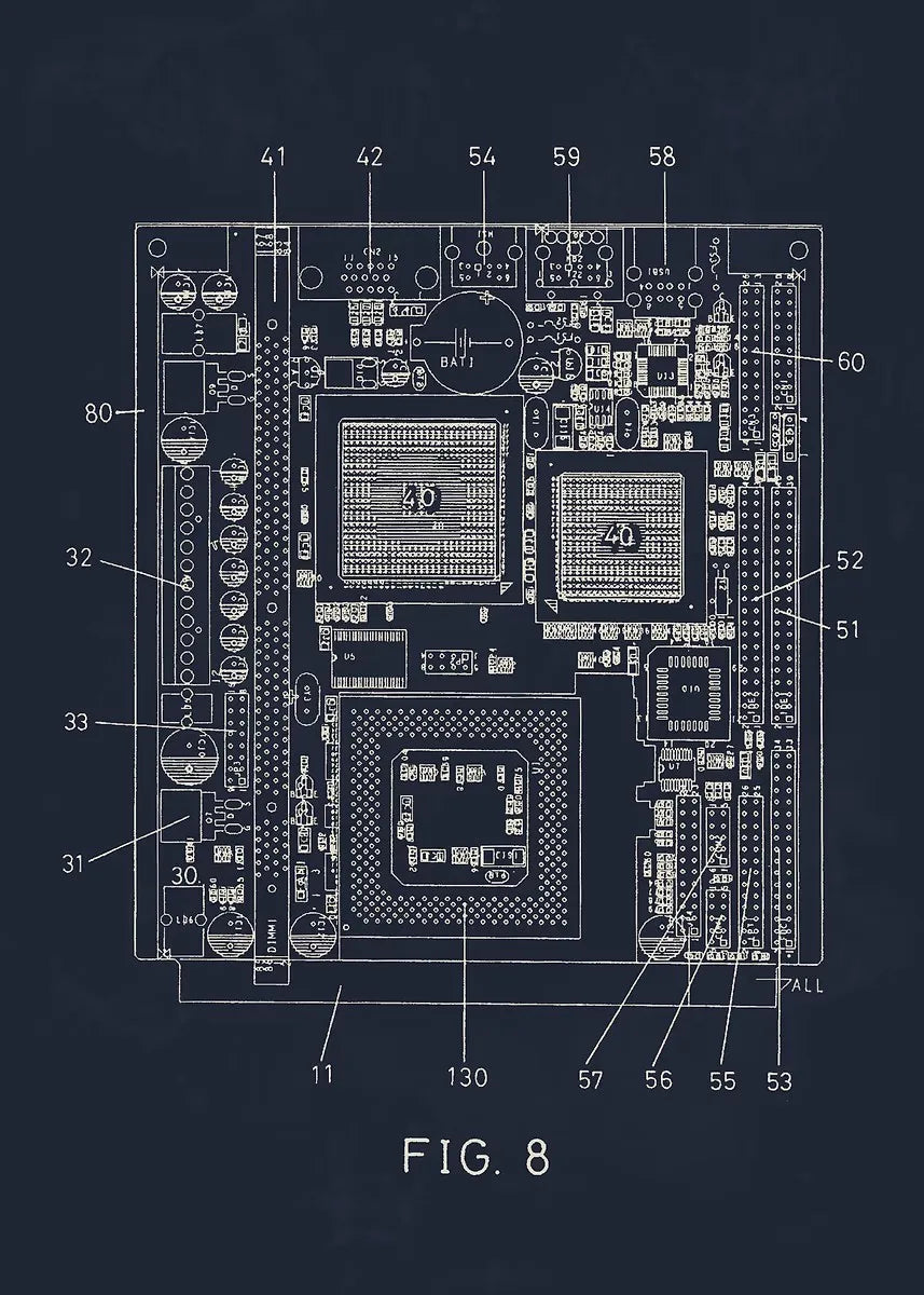 Technical diagram of a computer motherboard with labeled components on a dark background
