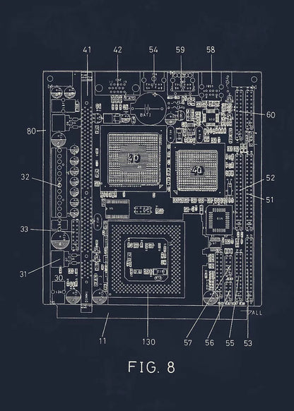 Technical diagram of a computer motherboard with labeled components on a dark background
