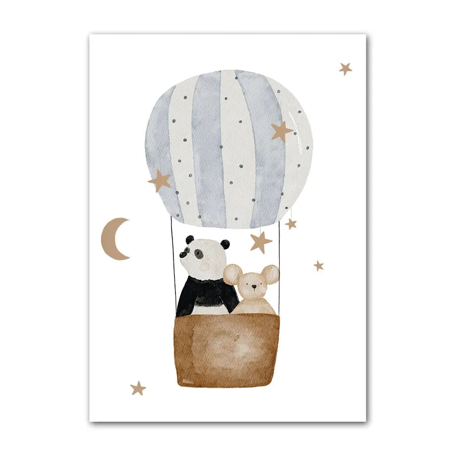 Illustration of a panda and teddy bear in a hot air balloon with stars and moon on a white background.