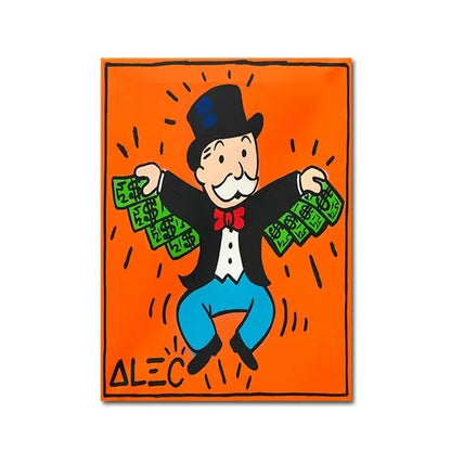 Cartoon character in a top hat and bow tie holding money on an orange background, with 'Alec' signature at the bottom.