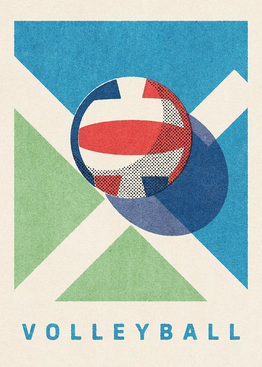 Geometric design with a volleyball illustration on a blue, green, and beige background.