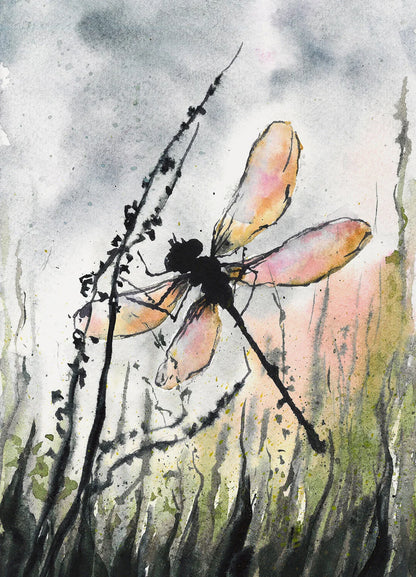 Watercolor painting of a butterfly on a field with a soft background