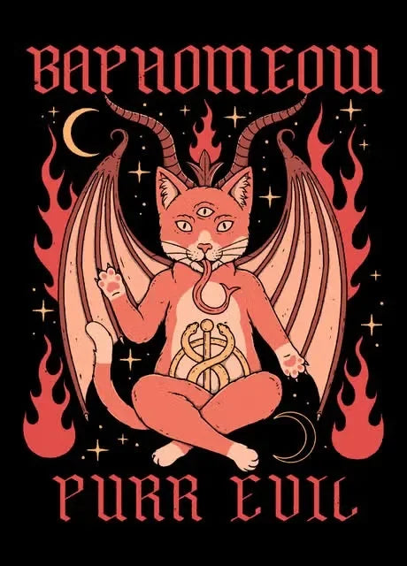 Illustration of a winged cat with horns and flames, labeled 'Baphomet' and 'Purr Evil' on a black background.