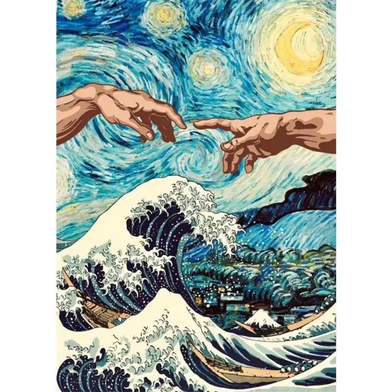 Merged artwork of 'The Creation of Adam' by Van Gogh and 'The Great Wave' by Hokusai.