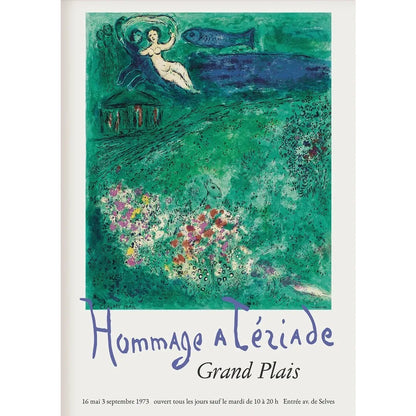 Artistic depiction of a woman and fish on a green background with text 'Hommage a Léziade Grand Plais'.