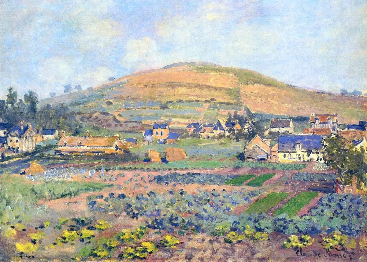 Painting of a village with rolling hills and fields