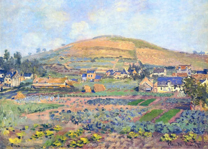 Painting of a village with rolling hills and fields