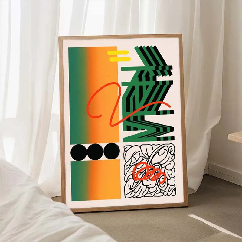 Framed abstract artwork with colorful design on a white surface
