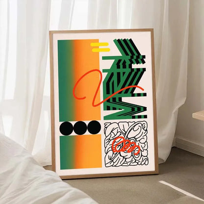 Framed abstract artwork with colorful design on a white surface