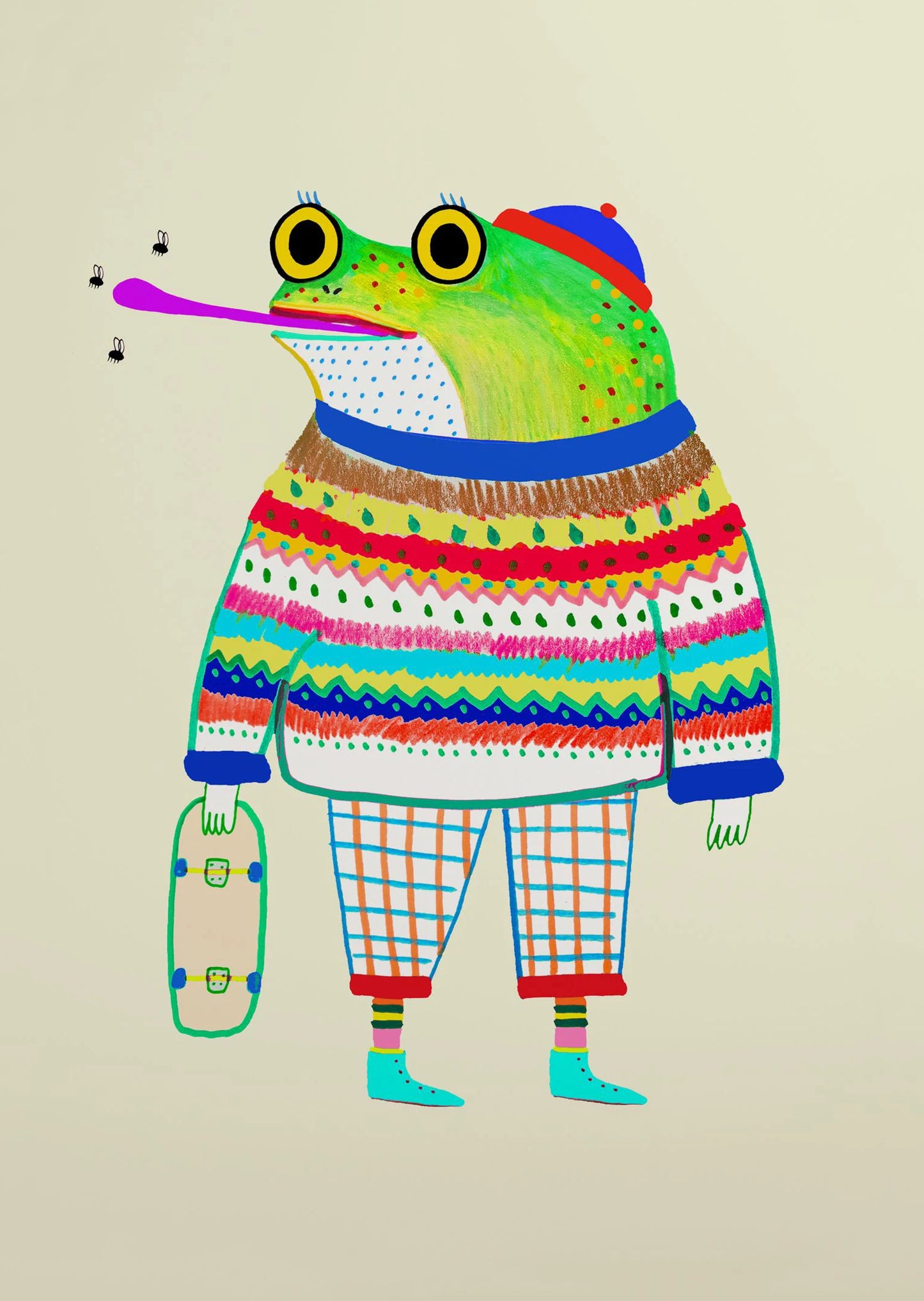 Colorful illustration of a frog wearing a sweater and hat, holding a skateboard on a beige background