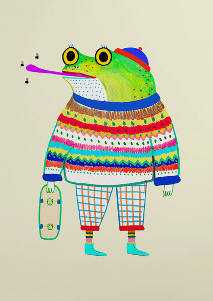 Colorful illustration of a frog wearing a sweater and hat, holding a skateboard on a beige background
