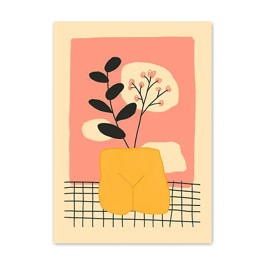 Illustration of a plant in a yellow pot on a pink background with a beige border.